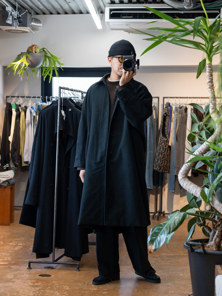 nonnotte /  High-Count Moleskin Draping Bias Sleeve Overcoat-Deep Black-