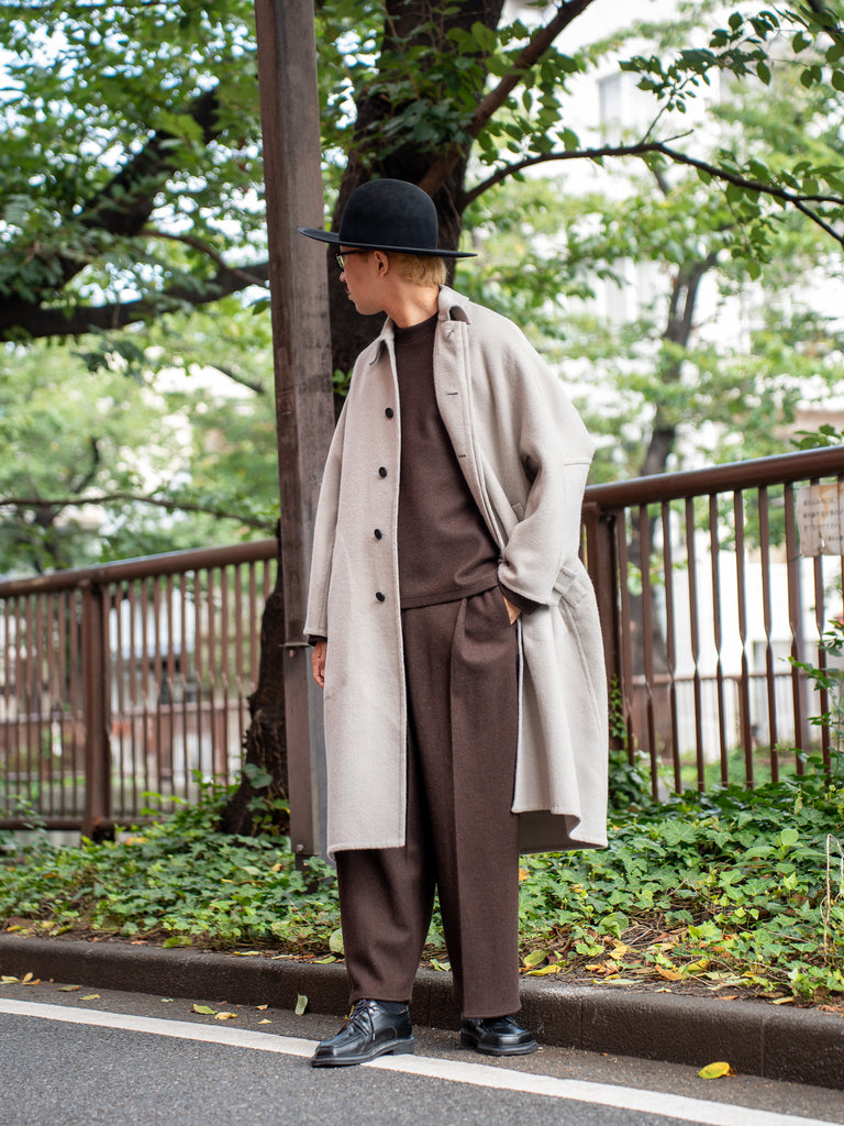 [Expected to arrive at the end of August] nonnotte / Cashmere Rever Melton Draping Bias Sleeve Overcoat-Taupe-