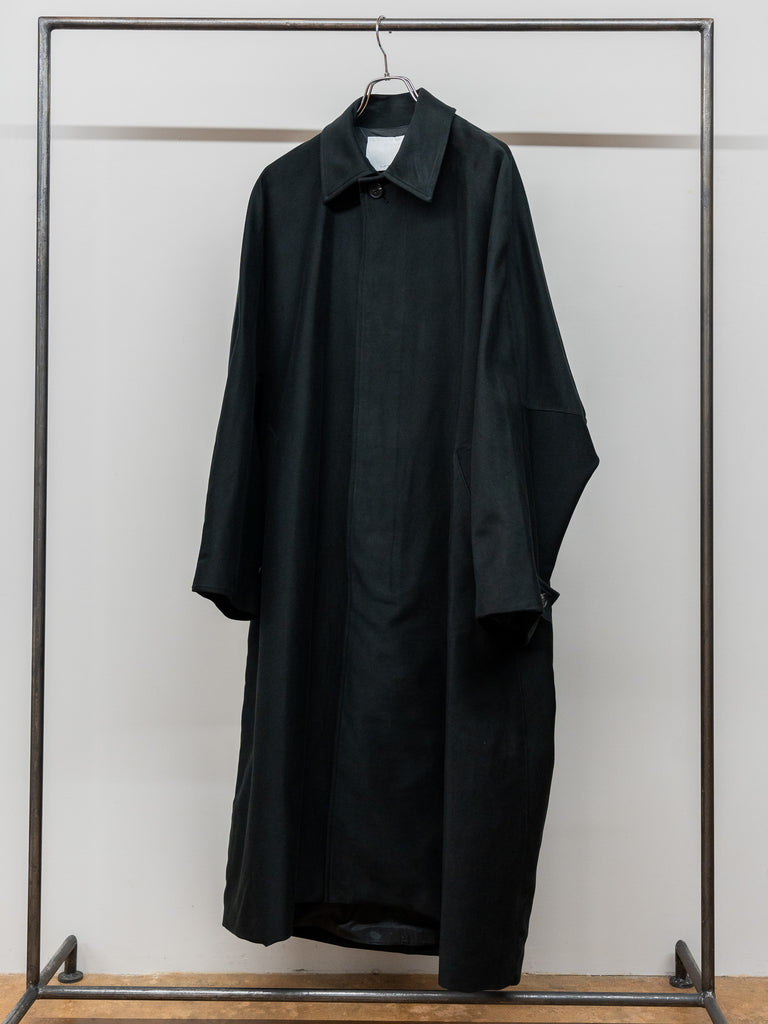 nonnotte /  High-Count Moleskin Draping Bias Sleeve Overcoat-Deep Black-