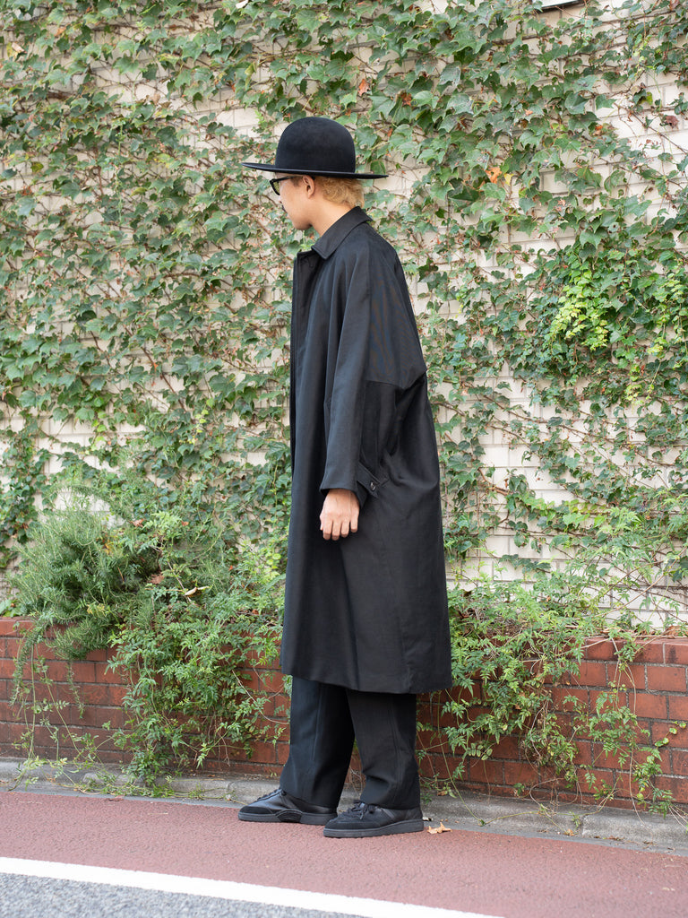 nonnotte /  High-Count Moleskin Draping Bias Sleeve Overcoat-Deep Black-