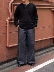 ULTERIOR / C/CASH HONEYCOMB HENLEY-NECK TOP -BLACK-