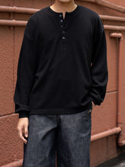 ULTERIOR / C/CASH HONEYCOMB HENLEY-NECK TOP -BLACK-