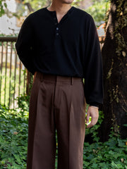 ULTERIOR / C/CASH HONEYCOMB HENLEY-NECK TOP -BLACK-