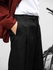 nonnotte /  Wool Gabardine Draping Crotch Box Pleats Trousers -Black-