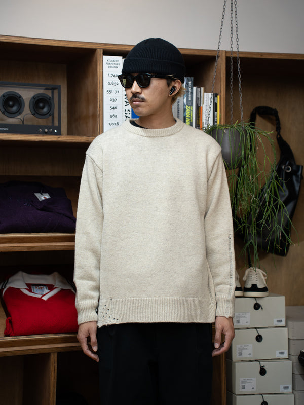 THONAI / CHUNKY WOOL CASHMERE CREW NECK KNIT-IVORY-