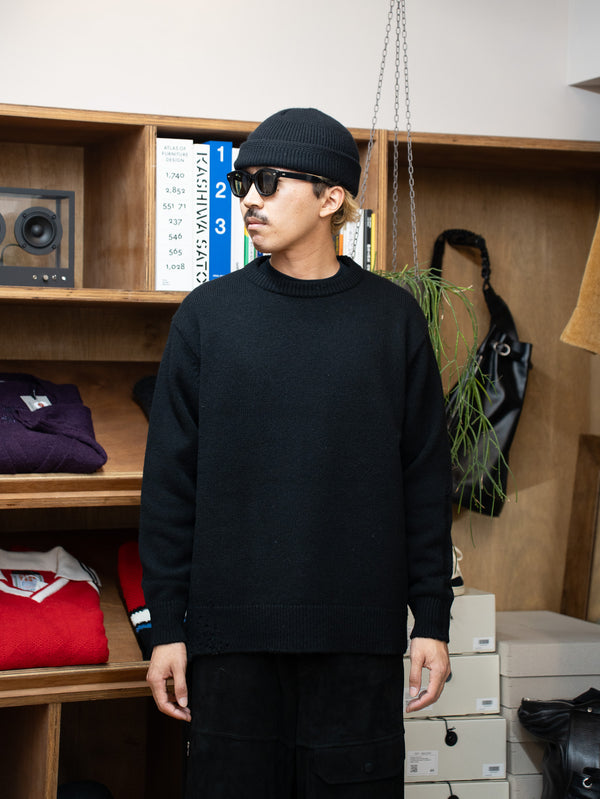 THONAI / CHUNKY WOOL CASHMERE CREW NECK KNIT-BLACK-