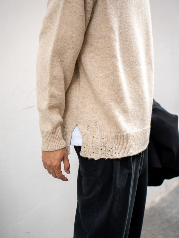 THONAI / CHUNKY WOOL CASHMERE CREW NECK KNIT-IVORY-