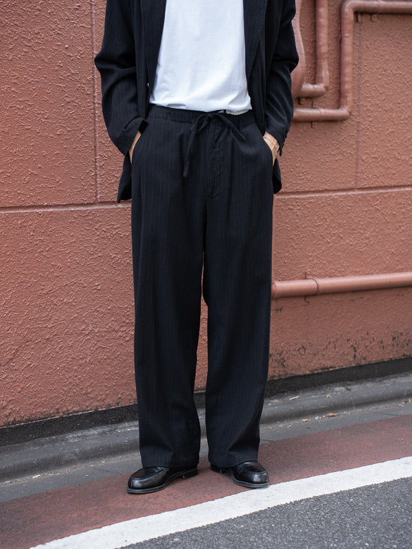 ULTERIOR / WASHED WOOL SILK STRIPE DRAWSTRING PANTS -BLACK-
