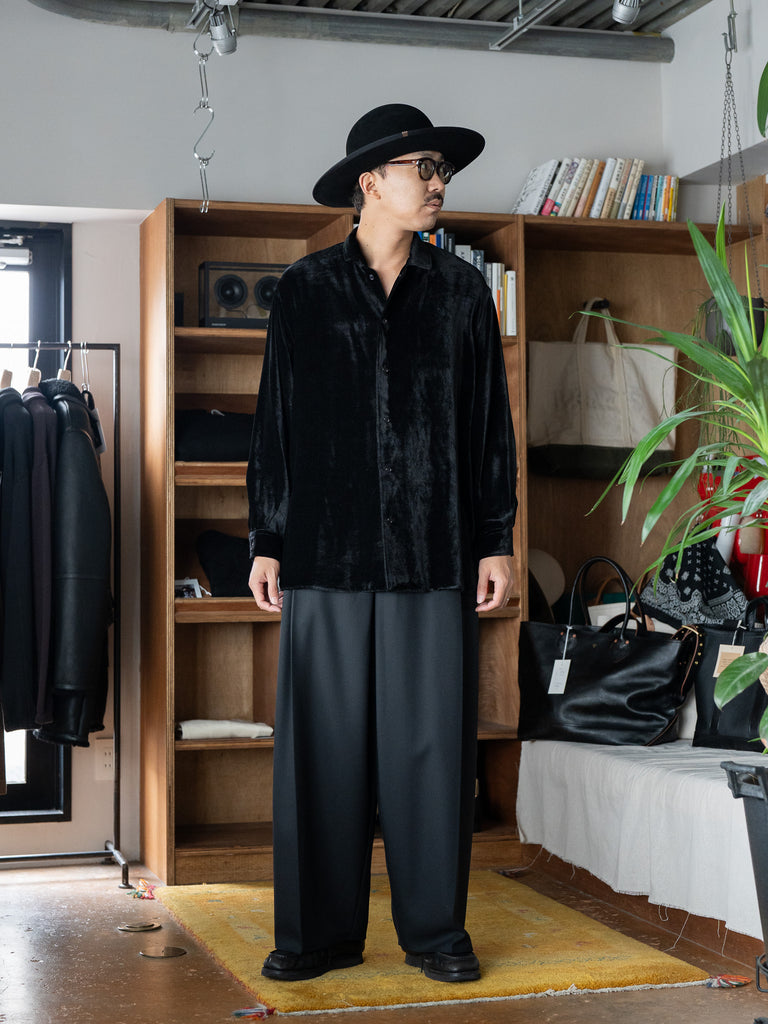 nonnotte / Pure Silk Velvet Calm Oversized Open Collar Shirt -Burnt Umber Black-