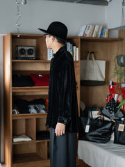 nonnotte / Pure Silk Velvet Calm Oversized Open Collar Shirt -Burnt Umber Black-