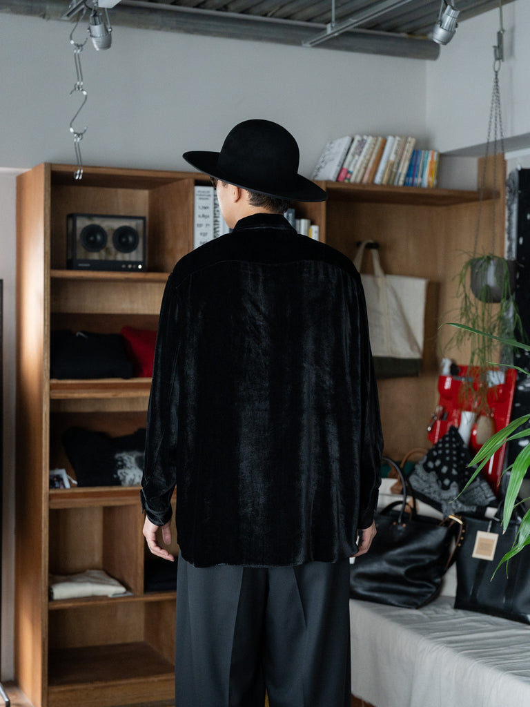 nonnotte / Pure Silk Velvet Calm Oversized Open Collar Shirt -Burnt Umber Black-