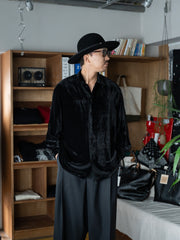 nonnotte / Pure Silk Velvet Calm Oversized Open Collar Shirt -Burnt Umber Black-