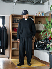 nonnotte / Low Count Wool Yak Knit Draping Shawl Collar V Oversized Pullover -Deep Black-