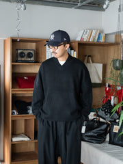 nonnotte / Low Count Wool Yak Knit Draping Shawl Collar V Oversized Pullover -Deep Black-
