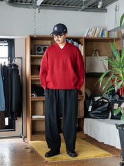 nonnotte /  High Count Wool Yak Smooth Knit Draping Shawl Collar V Oversized Pullover -Savvy Red-