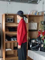 nonnotte /  High Count Wool Yak Smooth Knit Draping Shawl Collar V Oversized Pullover -Savvy Red-