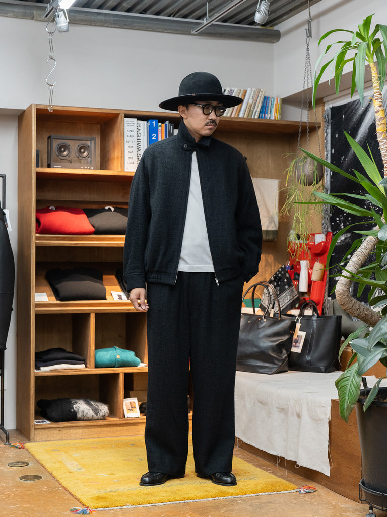 nonnotte /  N Tweed 002 Elastic In-Tuck Wide Tapered Trousers -Smoked Black-