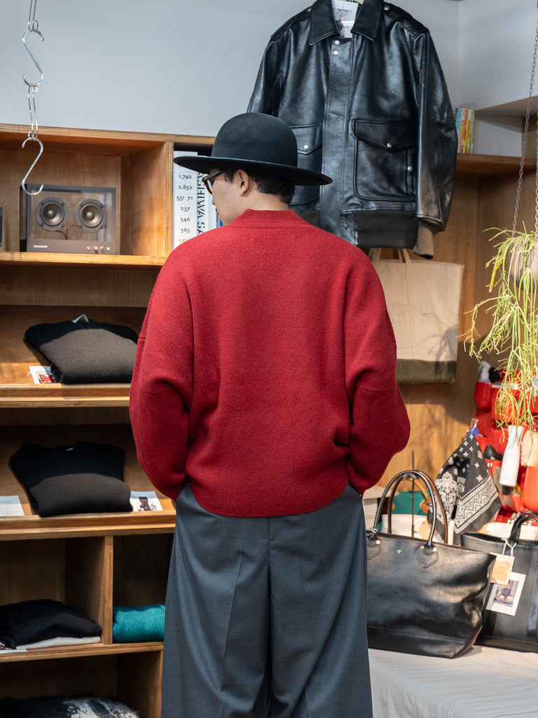 nonnotte /  High Count Wool Yak Smooth Knit Draping Shawl Collar V Oversized Pullover -Savvy Red-