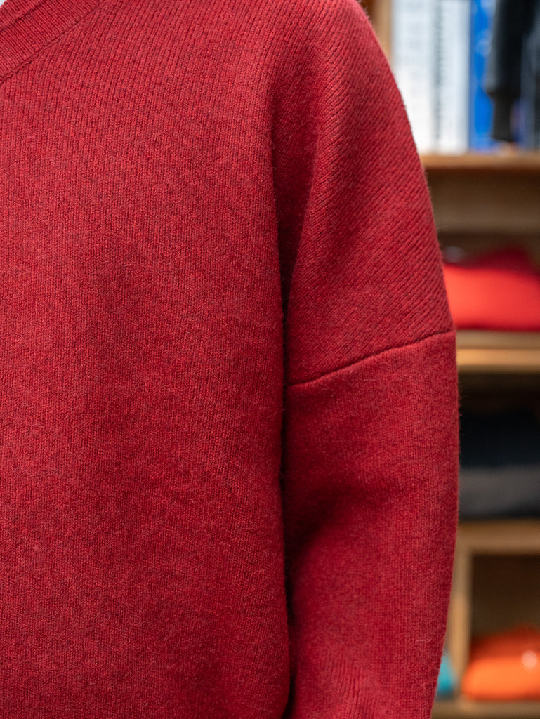 nonnotte /  High Count Wool Yak Smooth Knit Draping Shawl Collar V Oversized Pullover -Savvy Red-