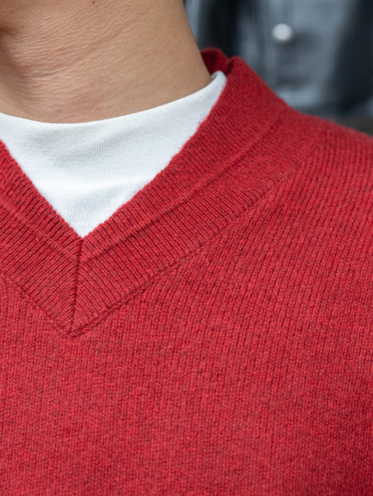 nonnotte /  High Count Wool Yak Smooth Knit Draping Shawl Collar V Oversized Pullover -Savvy Red-