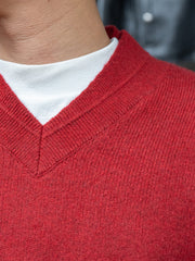 nonnotte /  High Count Wool Yak Smooth Knit Draping Shawl Collar V Oversized Pullover -Savvy Red-