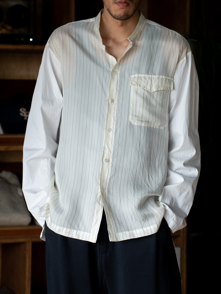 TOHNAI / COTTON x CUPRO STRIPE COLLARLESS SHIRT -WHITE-