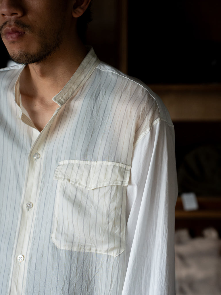 TOHNAI / COTTON x CUPRO STRIPE COLLARLESS SHIRT -WHITE-