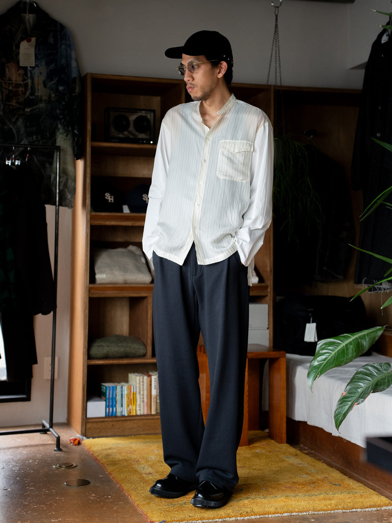 TOHNAI / COTTON x CUPRO STRIPE COLLARLESS SHIRT -WHITE-