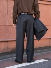 Cornier / Super130's Wool Stripe Wide Trousers -BLACK-