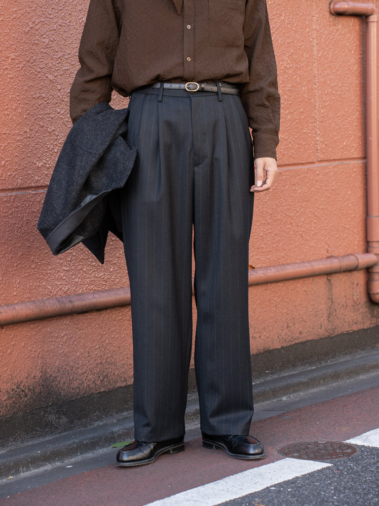 Cornier / Super130's Wool Stripe Wide Trousers -BLACK-