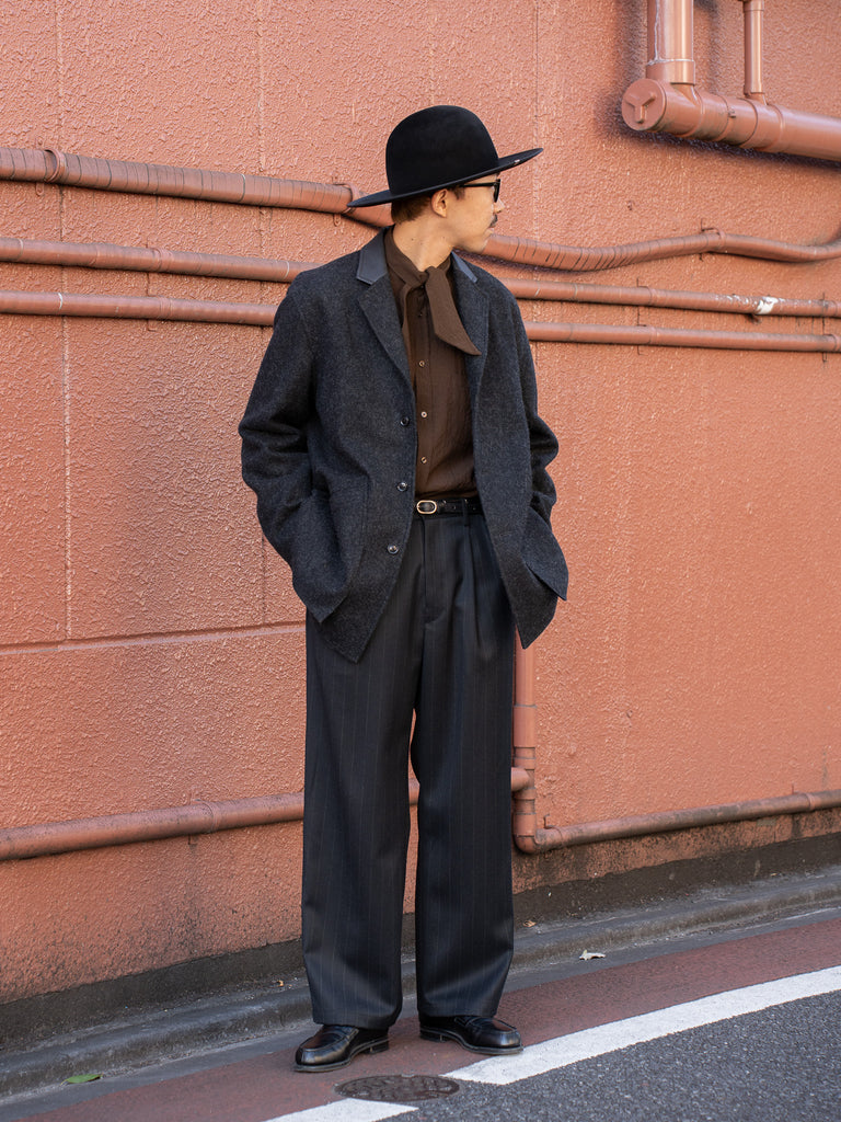 Cornier / Super130's Wool Stripe Wide Trousers -BLACK-
