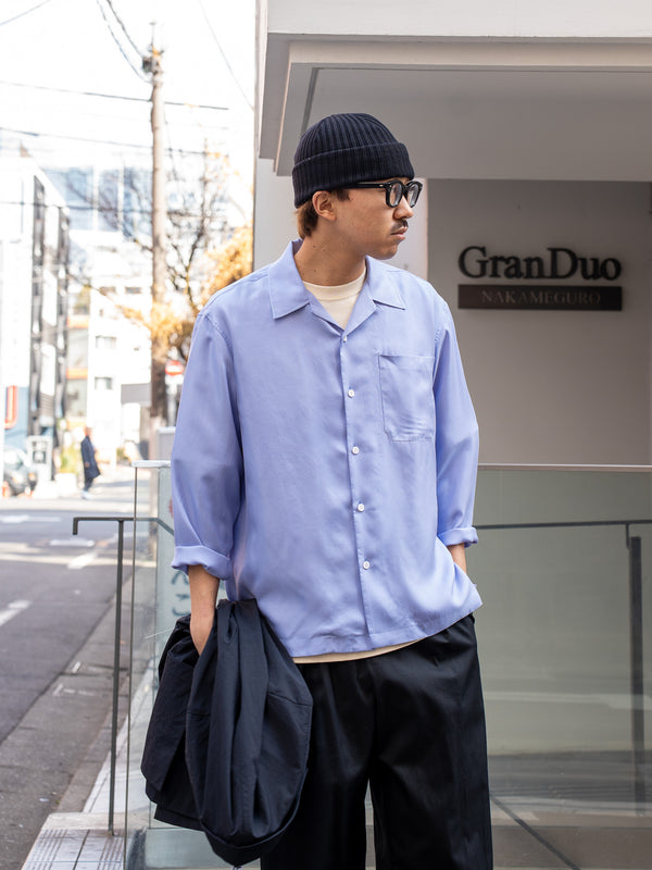 TOHNAI / WASHED SILK OPEN COLLAR SHIRT -BLUE-