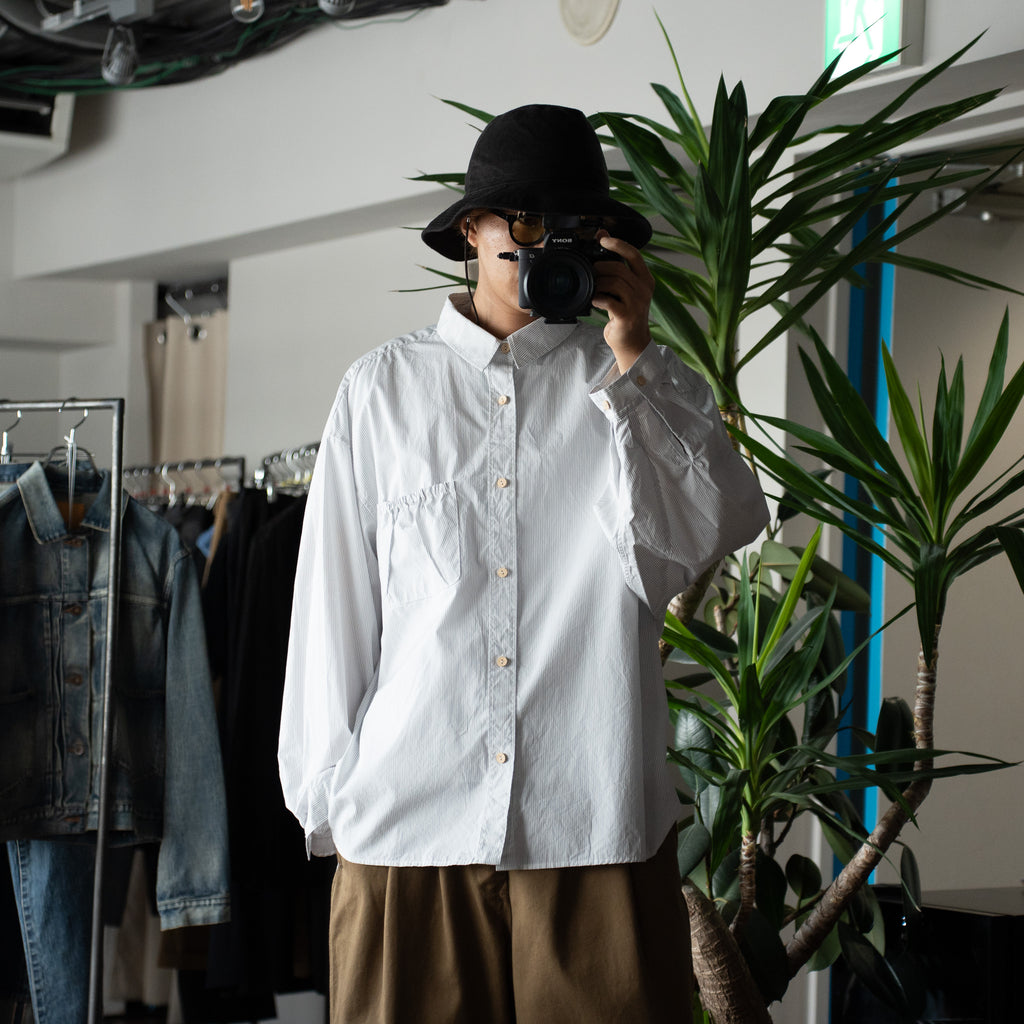 [Expected to arrive in July] refomed / WRIST PATCH WIDE SHIRT "STRIPE" -WHITE-