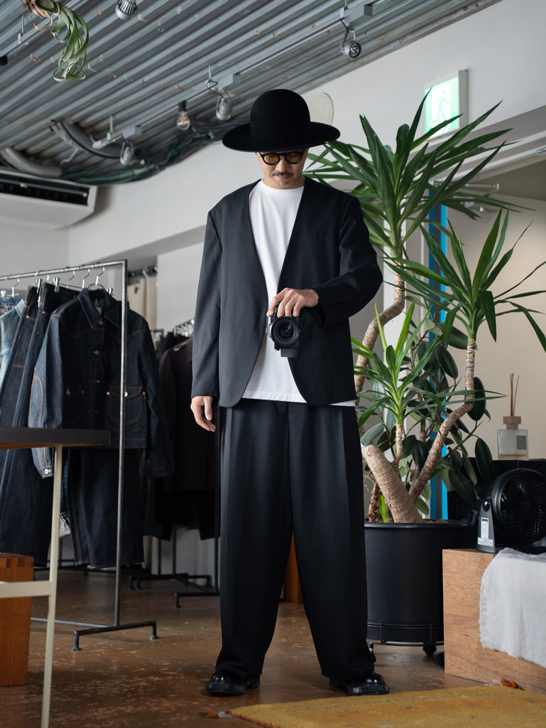 [Expected to arrive at the end of August] nonnotte / Drape Doeskin Cloth Draping No Collar N Jacket-Deep Black-